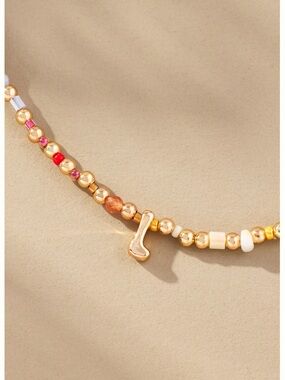 Anthropologie 14KT Gold Plated Monogram Necklace Beaded Bubble Lowercase L
